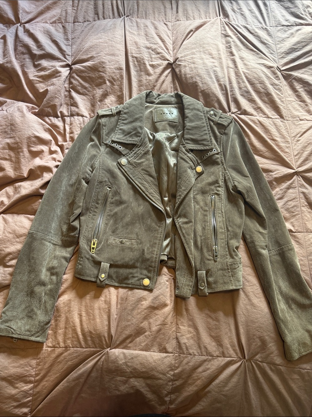 Blank NYC Olive Suede Moto Jacket with Gold Hardware